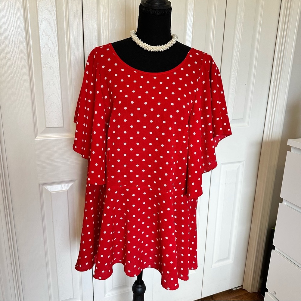 City Chic Red White Polka Dot Plus Size XL/22 Flowy Flutter Sleeve Blouse
